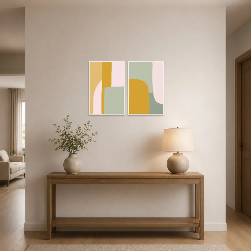 Abstract shapes artwork greeting guests in an elegant entrance hall.