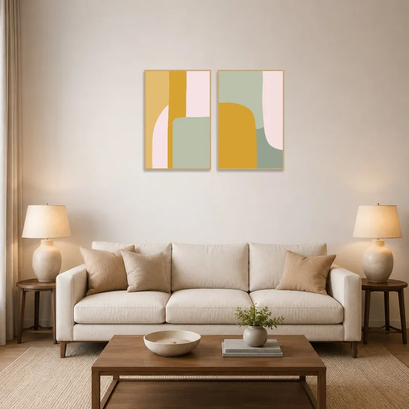 Modern abstract shapes art on living room wall above a cozy couch.