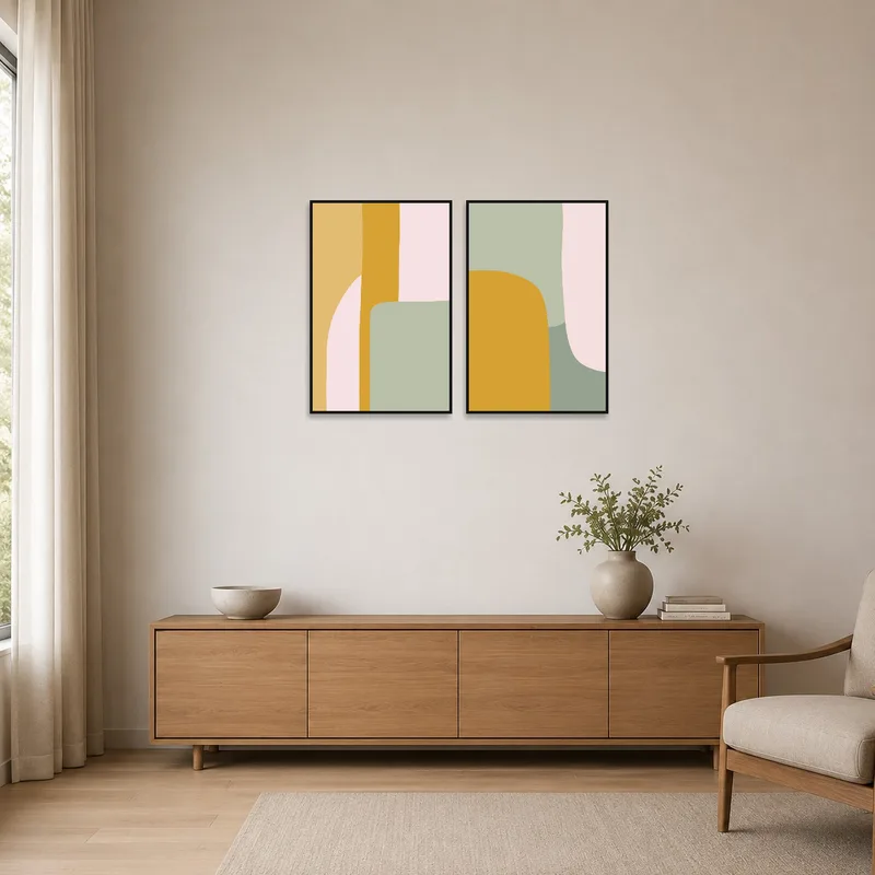 Warm toned abstract duo in a minimalist room with sleek furnishings.