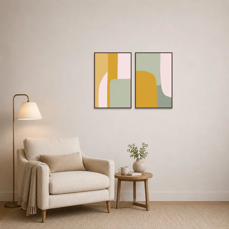 Warm abstract shapes duo enhancing a comfy reading corner.