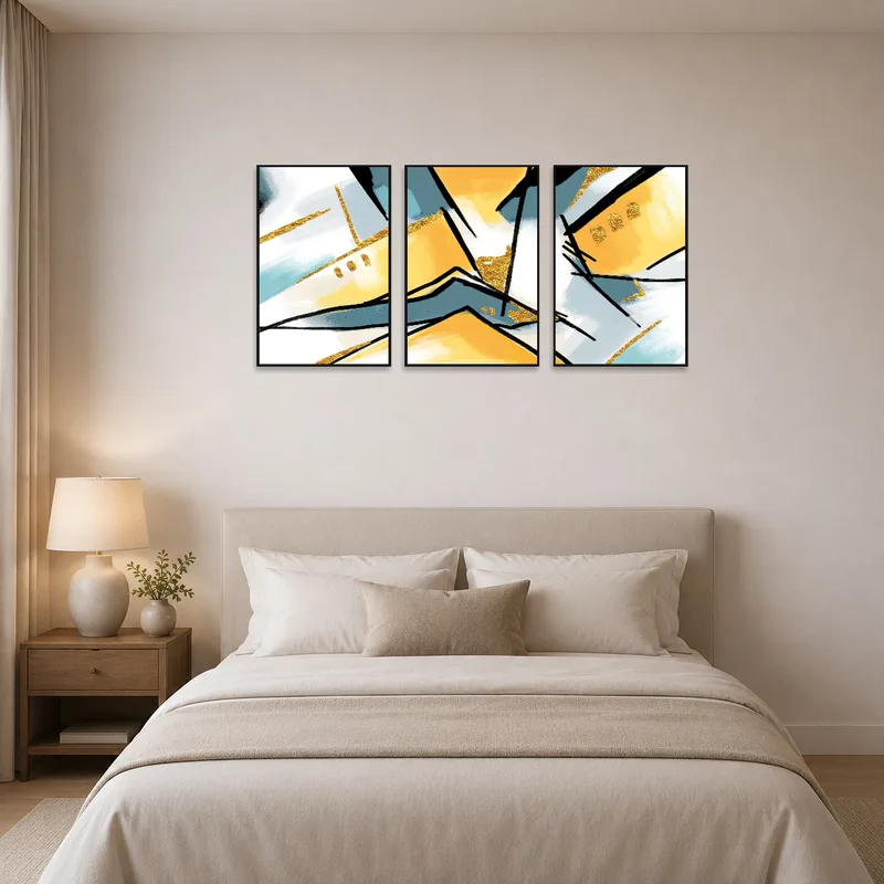 Bedroom with a soothing modern abstract triptych in bright tones.
