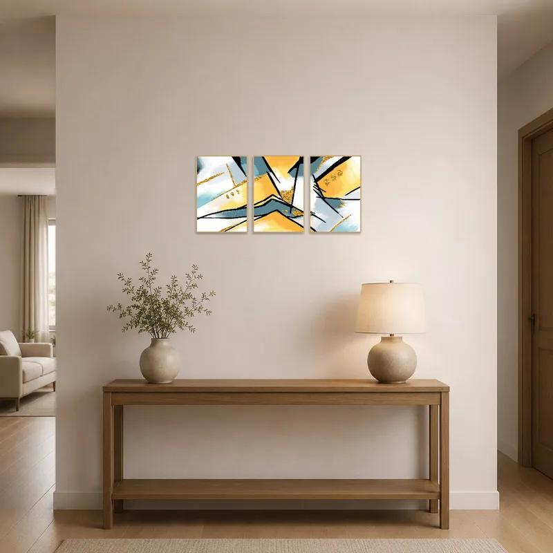 Entrance hall featuring a vibrant modern abstract triptych piece.