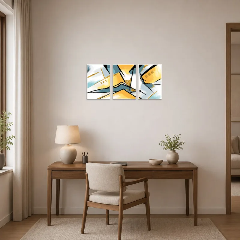 Home office accented with a vibrant-hued modern abstract triptych.