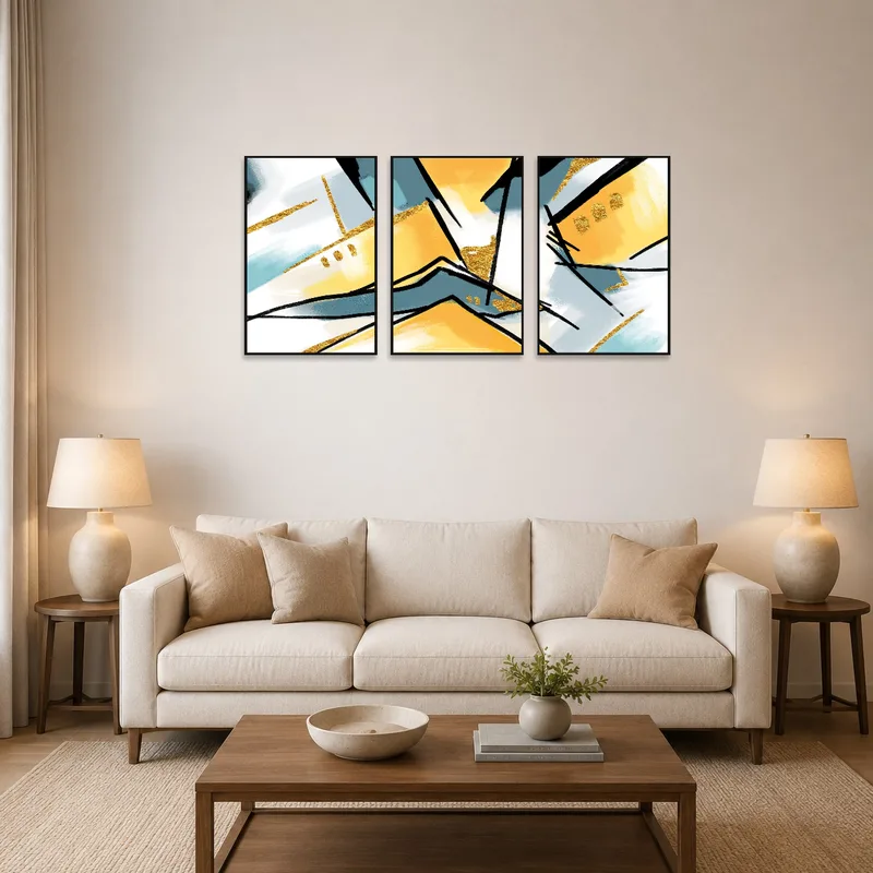 Modern abstract triptych with vibrant hues on living room wall.