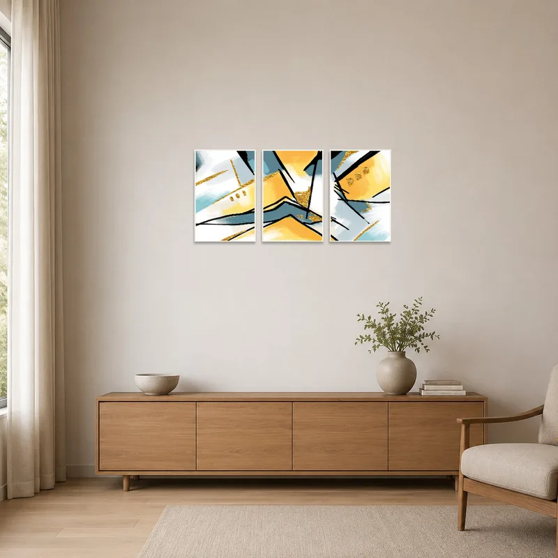 Minimalist room showcasing a colorful abstract triptych art.