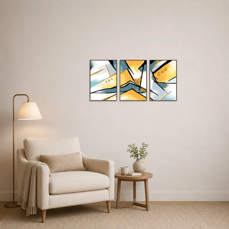 Reading corner enhanced by a vibrant modern abstract triptych art.