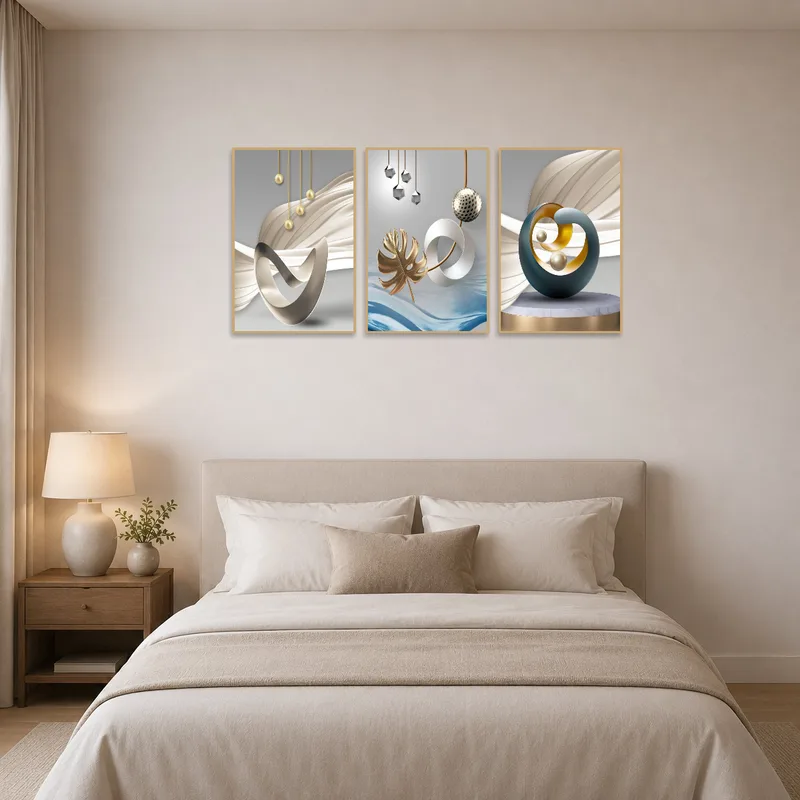 Elegant metallic-patterned triptych serves as a bedroom focal point.