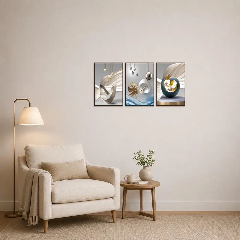 Artistic triptych with metallic accents adorns a cozy reading corner.