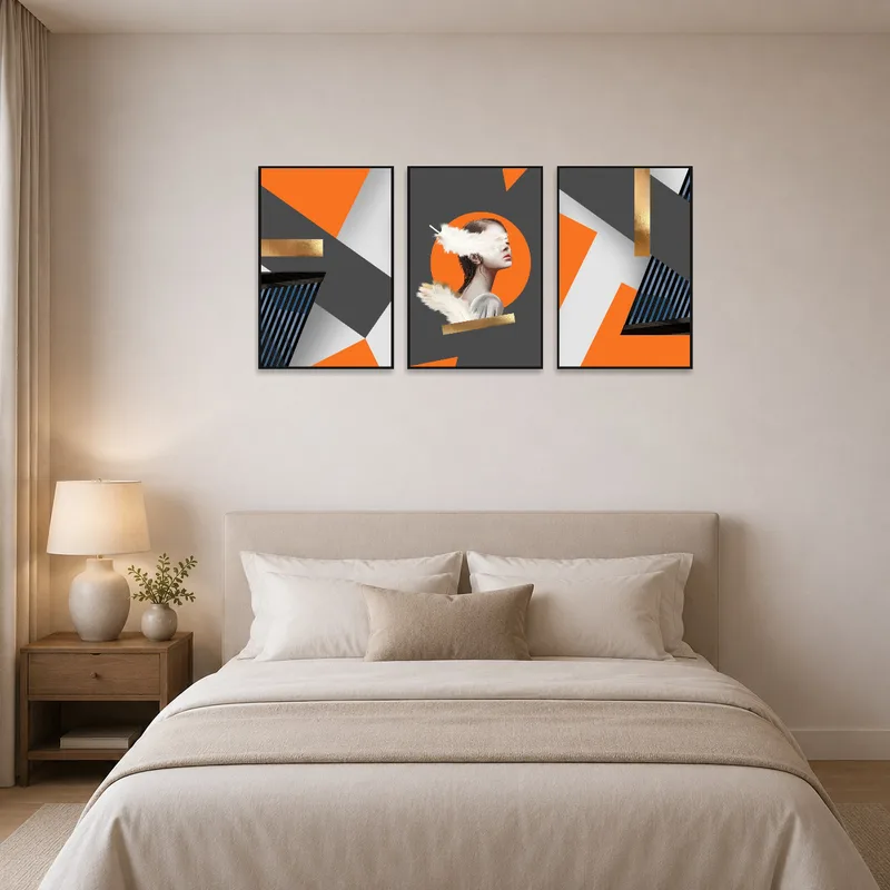 Bedroom featuring a contemporary triptych with vibrant orange and gold abstract elements.