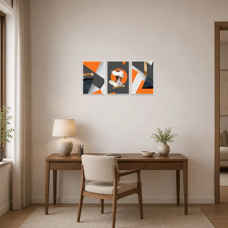 Home office displaying a modern abstract triptych with bold orange and gold details.
