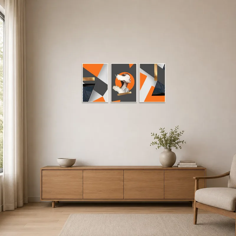 Minimalist room with a vivid abstract triptych featuring orange and gold tones.