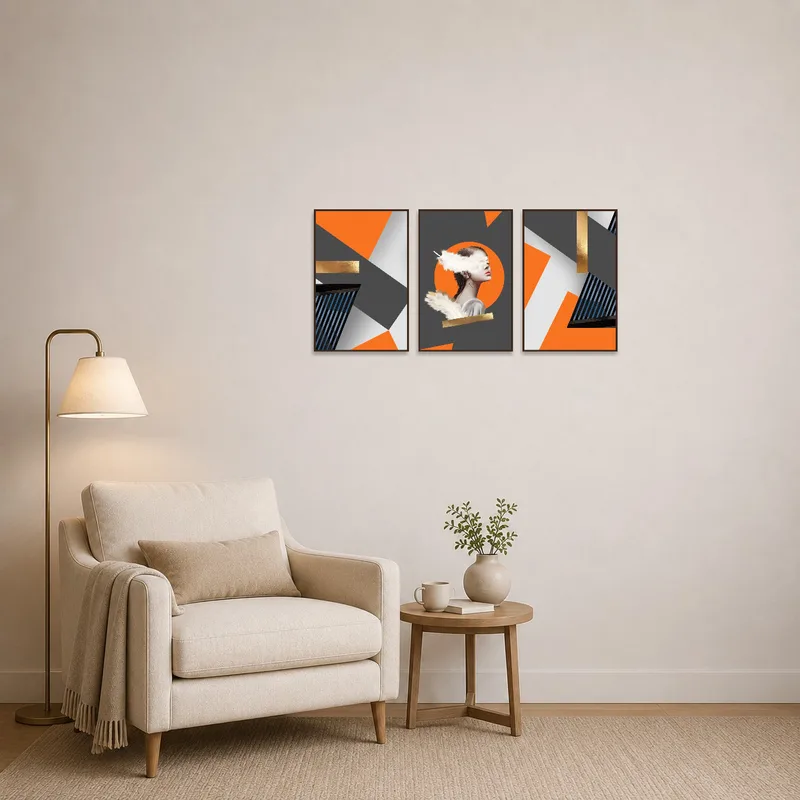 Reading corner adorned with a modern abstract triptych in orange and gold accents.