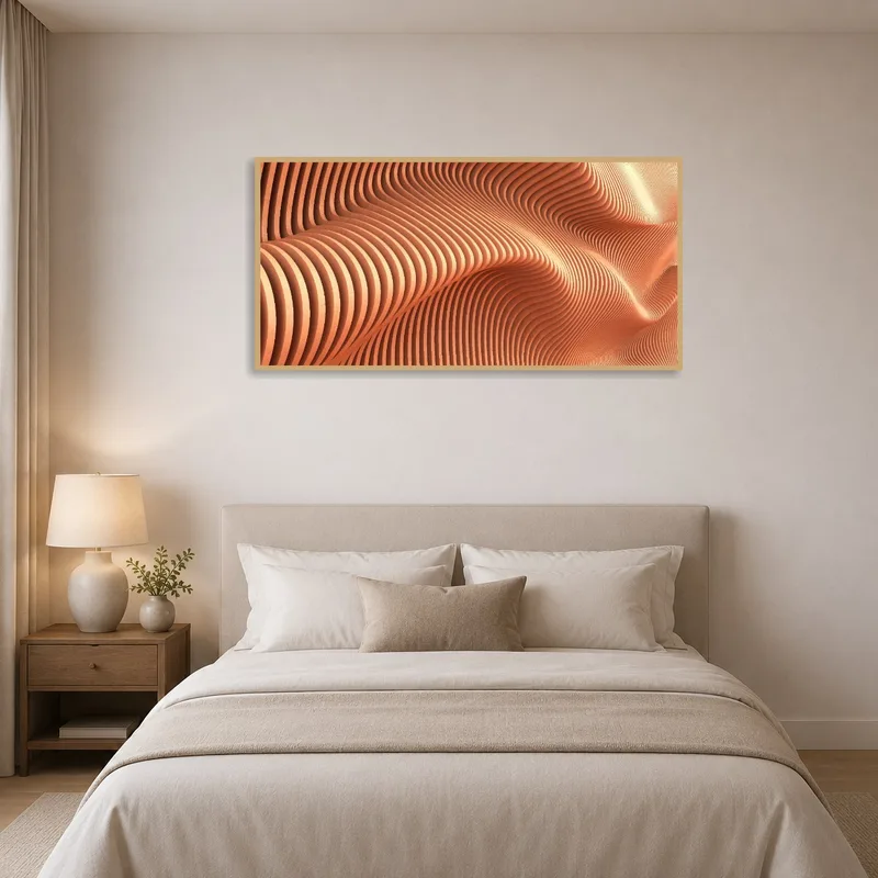 Wave pattern art brings calm and style to a tranquil bedroom.