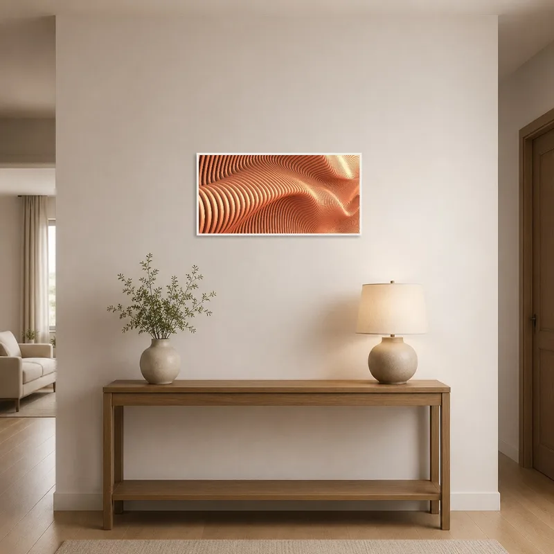 Abstract wave art greets visitors in a stylish entrance hall.
