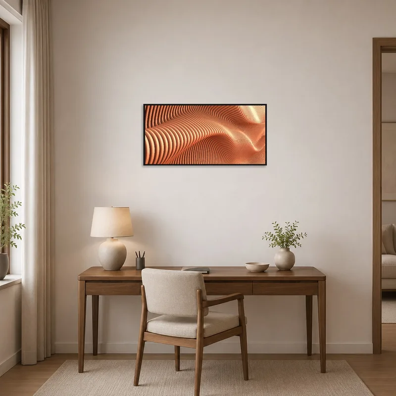 Art print of abstract waves accentuates a creative home office.