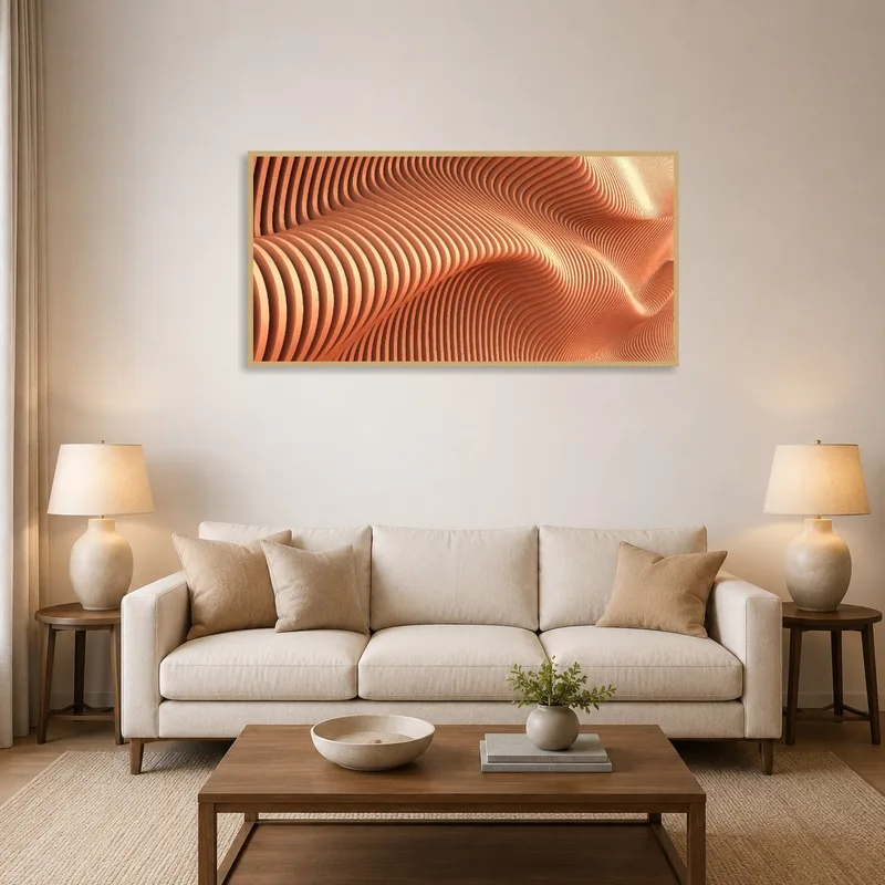 Modern abstract wave pattern art in a living room above a sleek sofa.