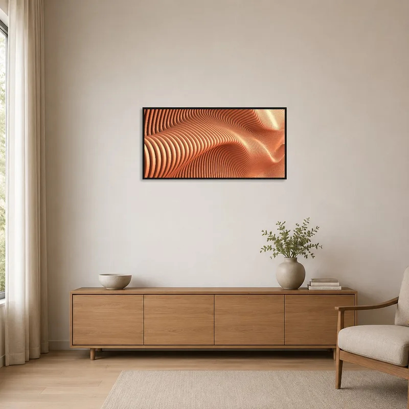 Wave pattern art print adds intrigue to a minimalist space's clean lines.