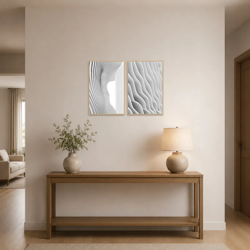 Entrance hall showcases a set of modern architectural art pieces.
