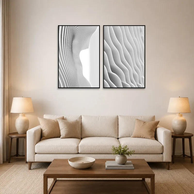 Modern prints adorn a living room wall, adding abstract architectural flair.