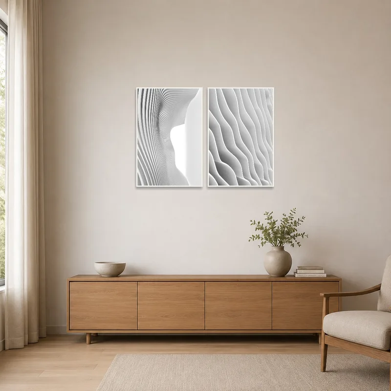 Minimalist room features sleek abstract prints for a contemporary look.