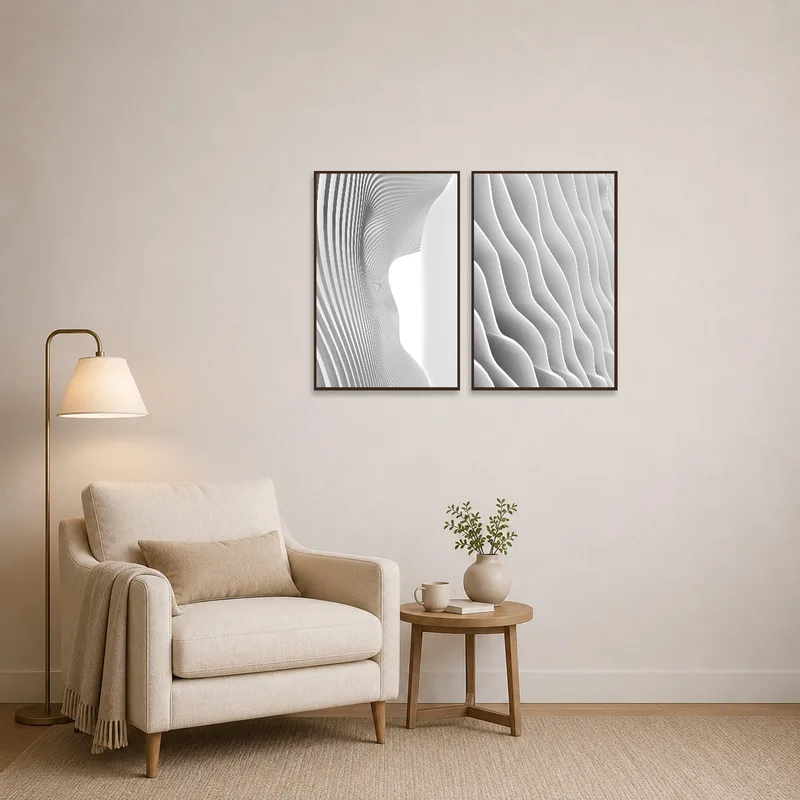 Reading corner enhanced by abstract architectural prints on the wall.