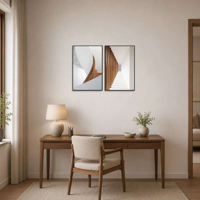 Modern prints providing inspiration in a chic home office.