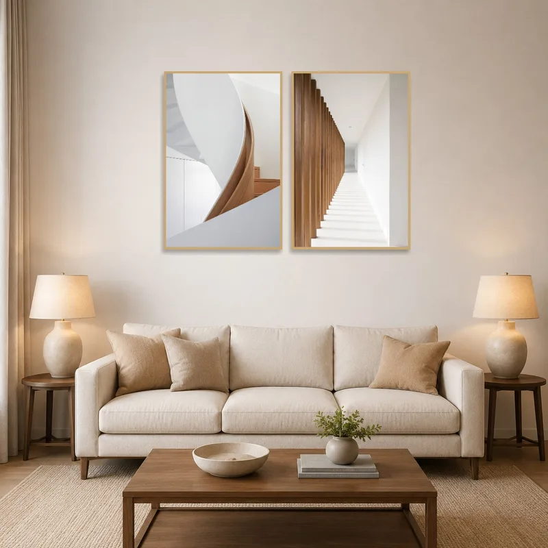 Two modern architectural prints above a contemporary sofa in a living room.