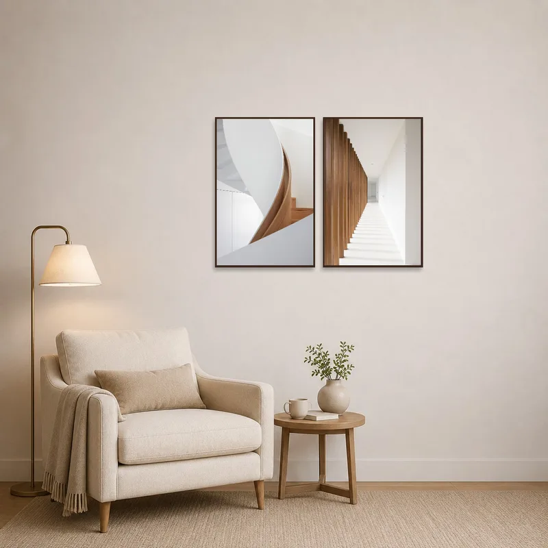 Architectural prints enhancing the coziness of a reading corner.