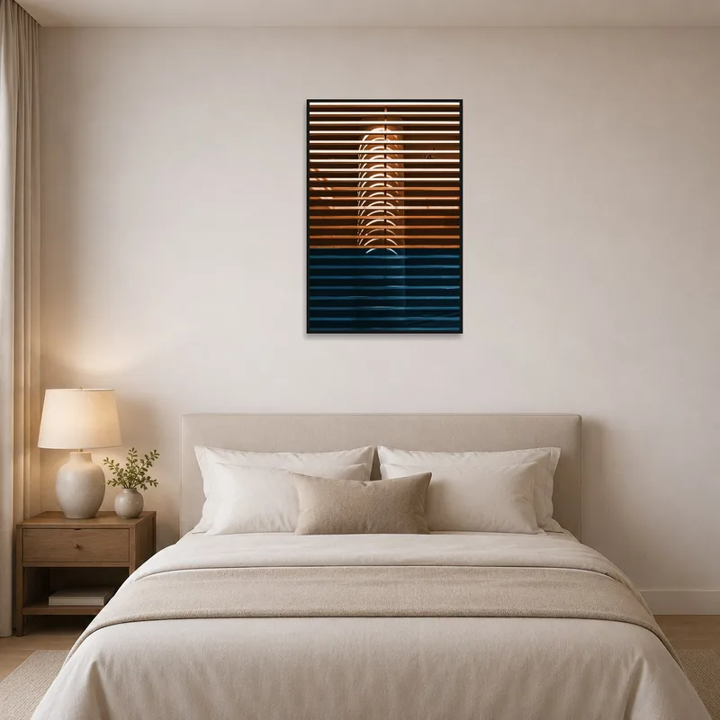 Abstract print adding elegance to a serene bedroom setting.