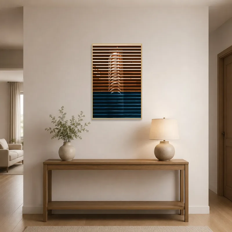 Abstract print displayed in an entrance hall, adding geometric flair.