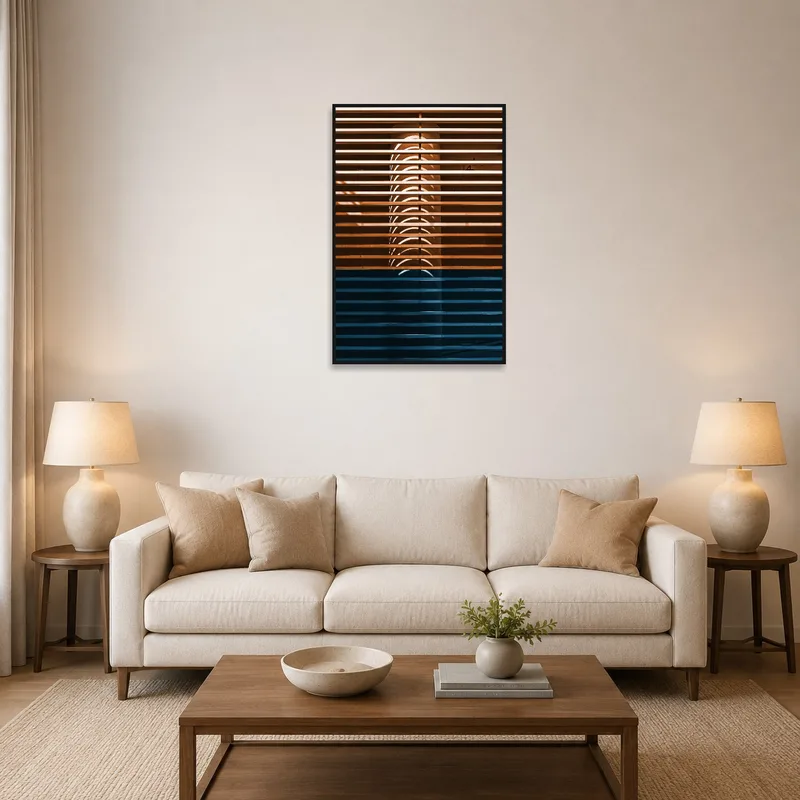Abstract print in a living room with modern furniture and neutral tones.