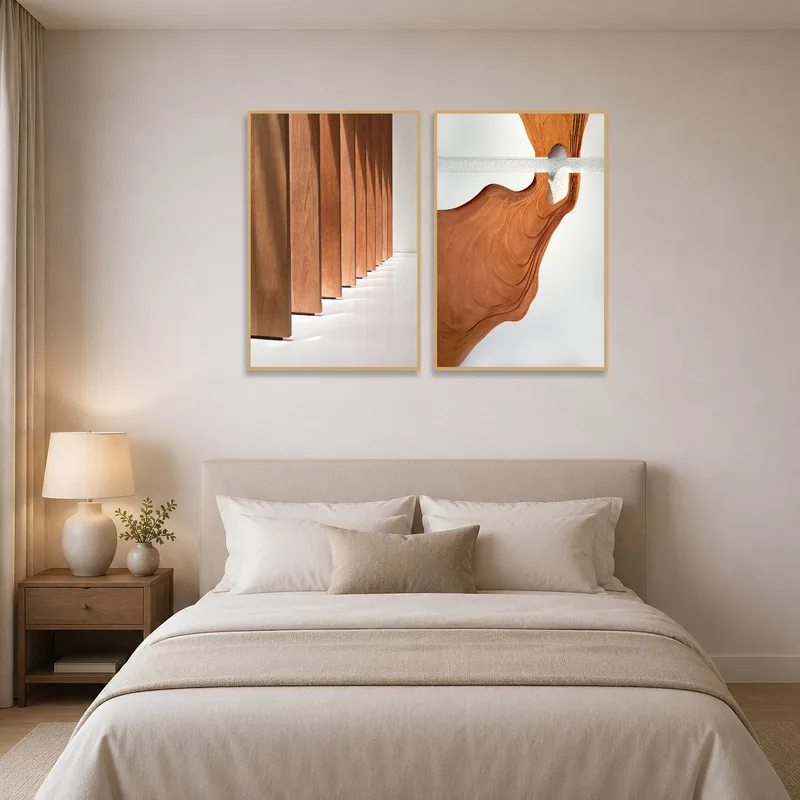Bedroom wall enhanced by modern wooden texture artwork.