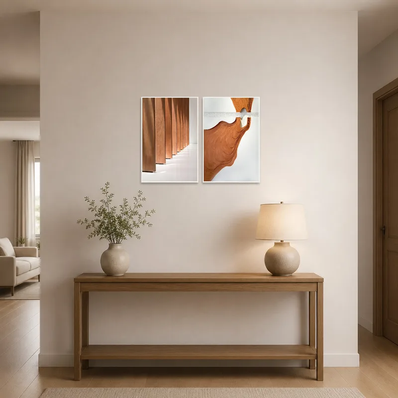 Wooden texture art greeting visitors in an entrance hall.