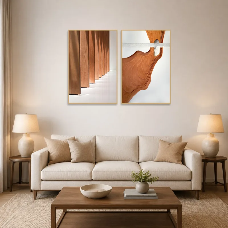 Modern wooden texture art on a living room wall above a sleek sofa.