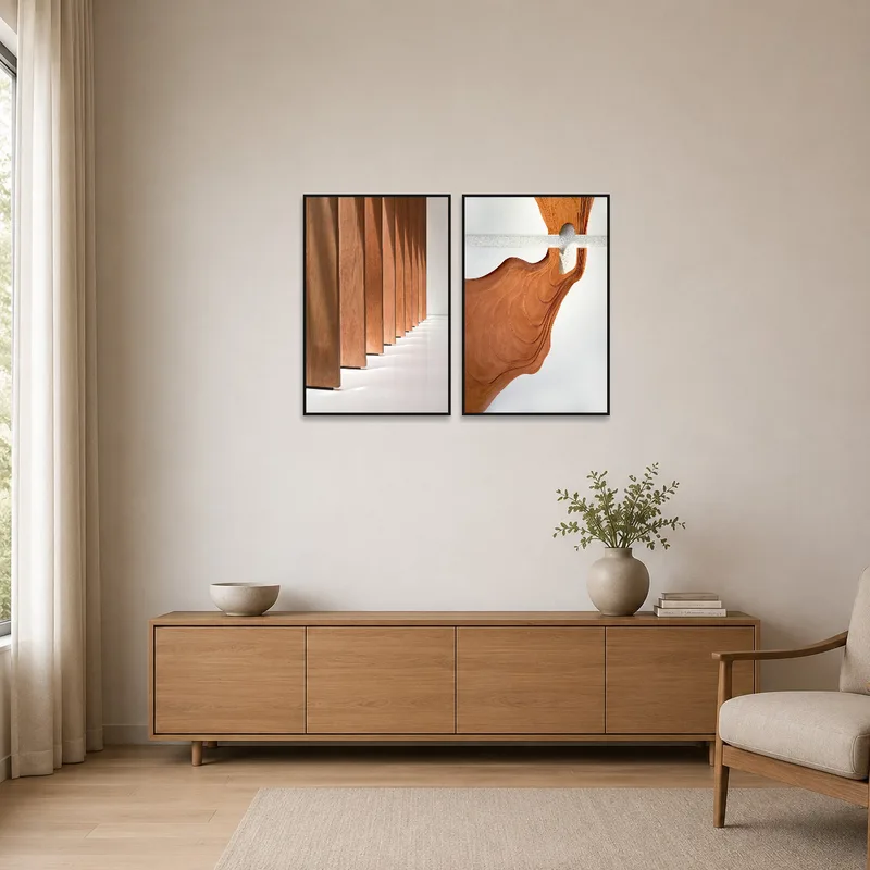 Minimalist room with architectural wood textures on the wall.