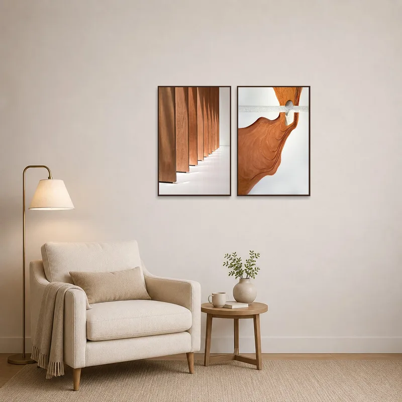 Reading corner adorned with modern wooden texture art.
