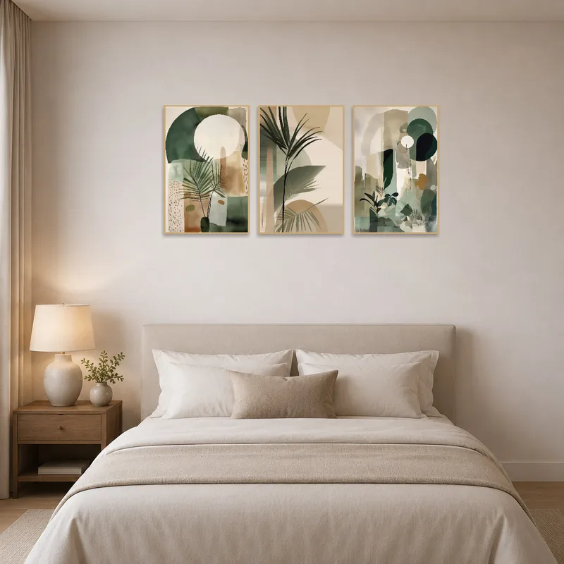 Modern triptych set with abstract botanicals above a headboard in a bedroom.