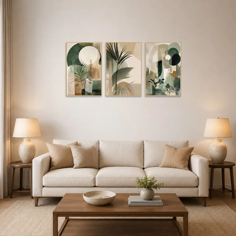 Modern botanical abstract triptych set hanging above a modern sofa in a living room.