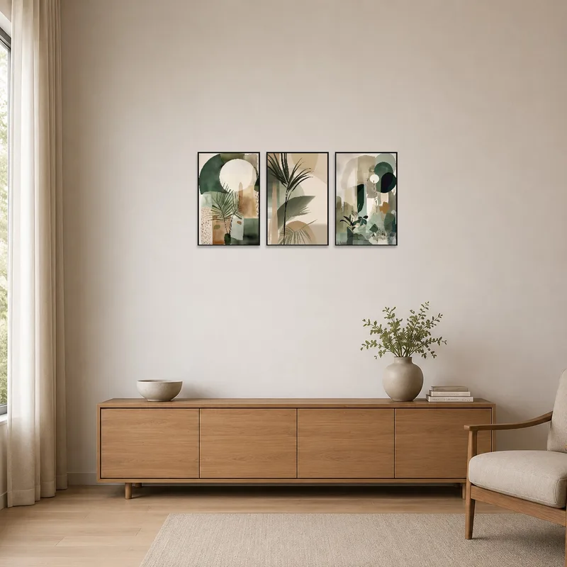 Abstract botanical triptych on a stark white wall in a minimalist setting.