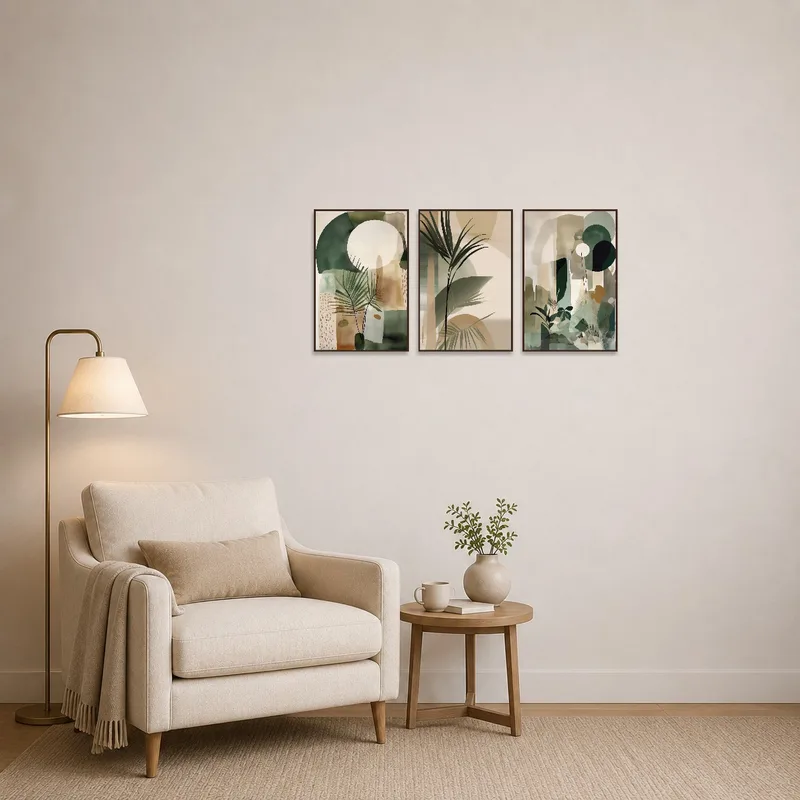 Botanical abstract artwork displayed beside a cozy reading chair.