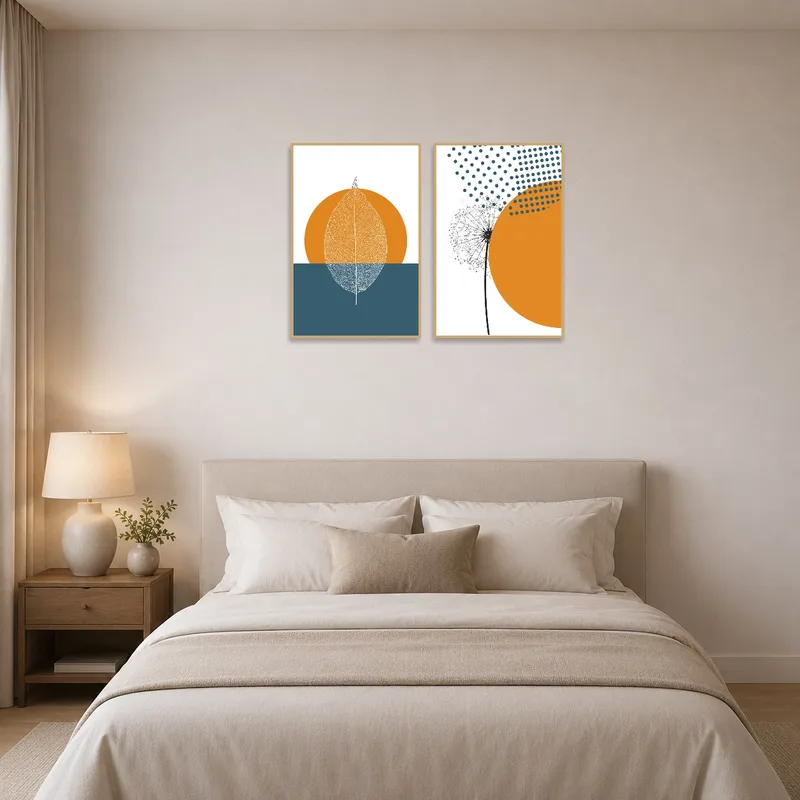 Modern botanical and geometric art set displayed above the bed, adding chic elegance to the bedroom.