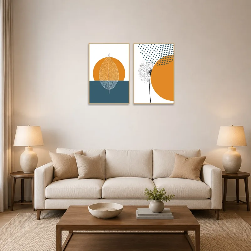 A modern botanical and geometric art set adorns the living room wall above a sleek sofa.