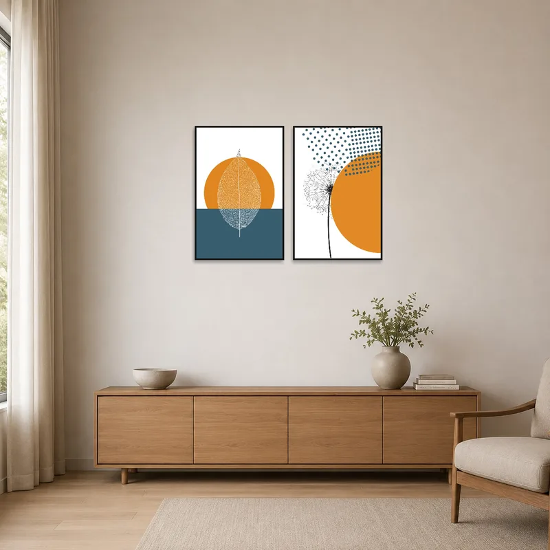 Minimalist room featuring a modern botanical and geometric set, adding subtle interest to plain walls.