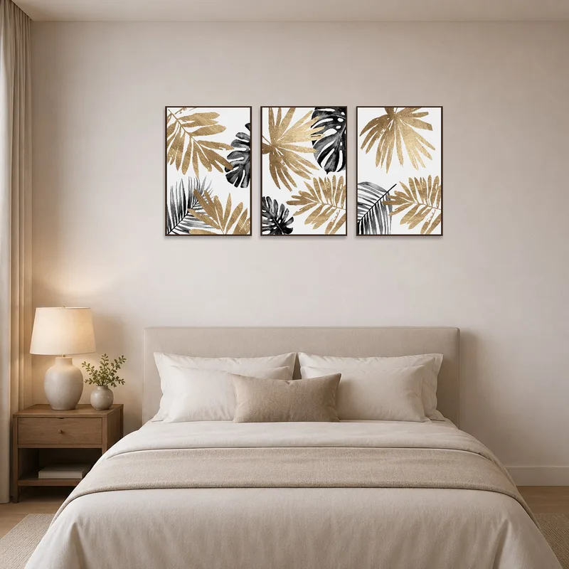 Modern botanical leaf triptych in gold and charcoal hanging above the bed in a serene bedroom.