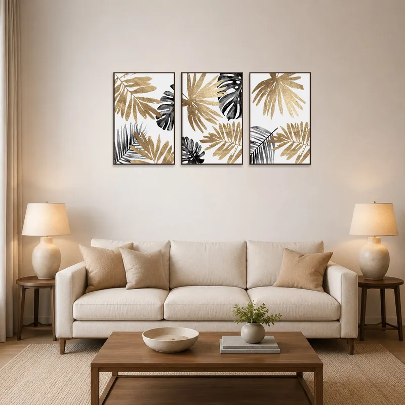 Modern botanical leaf triptych in gold and charcoal displayed above a sofa in the living room.