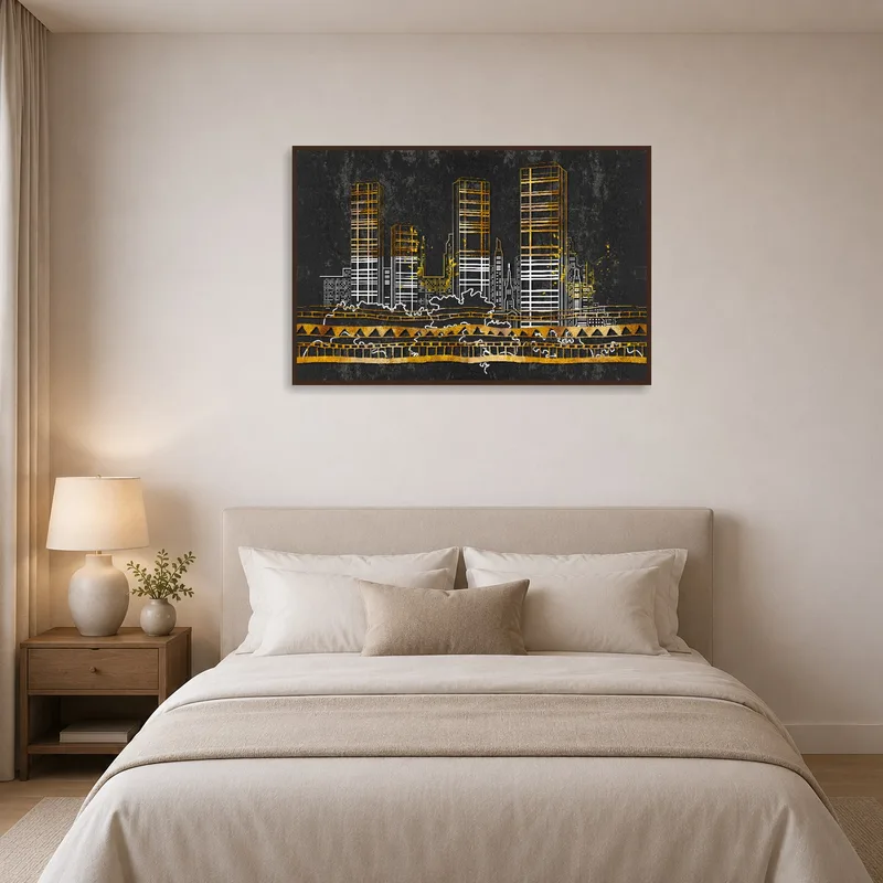 Elegant bedroom showcasing a cityscape with golden touches above the bed.