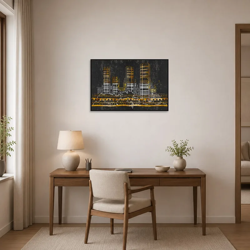 Contemporary home office enriched with a cityscape accented in gold.