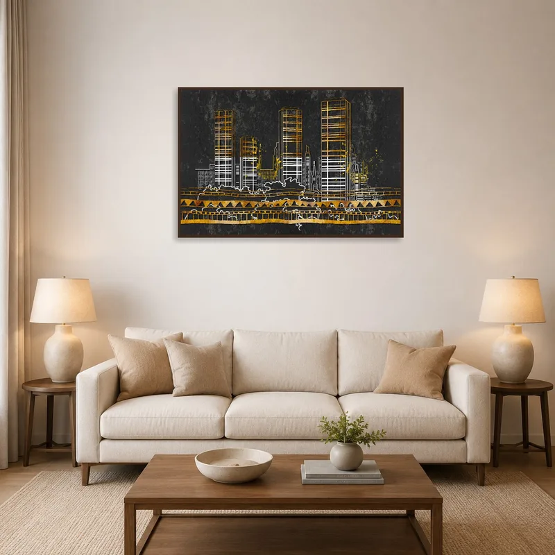 Modern cityscape artwork with gold accents in a stylish living room setting.