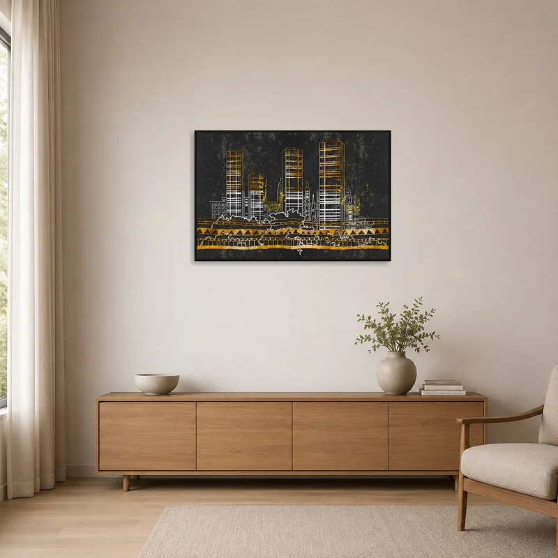 Modern cityscape with gold accents against a minimalist backdrop.