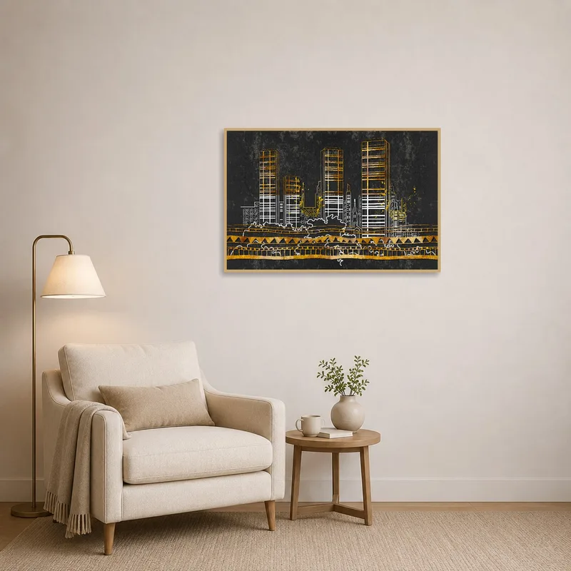 Serene reading corner featuring a cityscape with luxurious gold highlights.